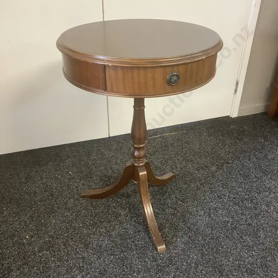 Mahogany Single Drawer Drum Table, Turned Base, Tri-Leg. 72 x 51cm (AF)
