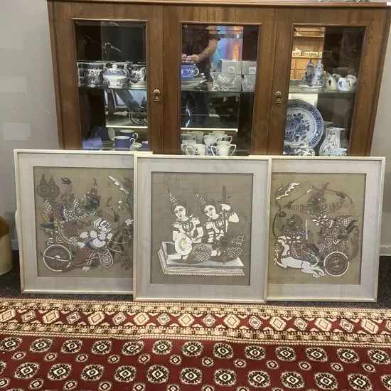 Lot of Three Vintage Thai Framed Silk Paintings. 64 x 58cm