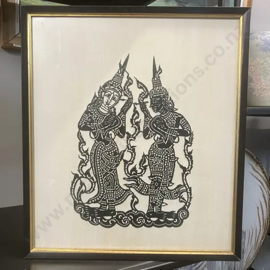 Vintage Framed  Thai Art - Thai Siam Dancers Buffalo Hide Leather Cut Outs c1960's. 42.5 x 37.5cm