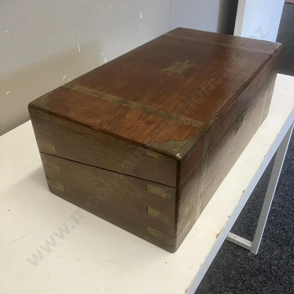 Antique Brass Bound Mahogany Writing Slope - As Found. H16.4 W45 D24.5cm Image 1++