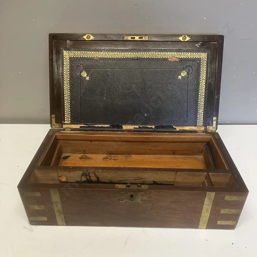 Antique Brass Bound Mahogany Writing Slope - As Found. H16.4 W45 D24.5cm Image 1++