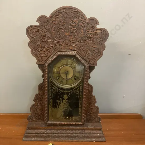 Antique Gingerbread Mantle clock with Key. H65cm