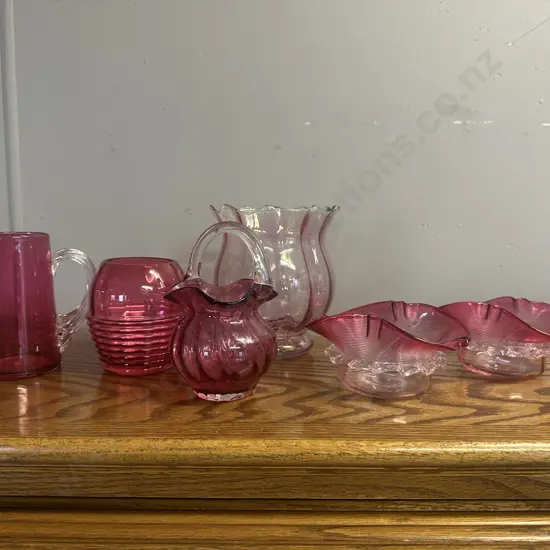 Vintage Cranberry Glass Items Including Sugar Bowl, Jug Etc
