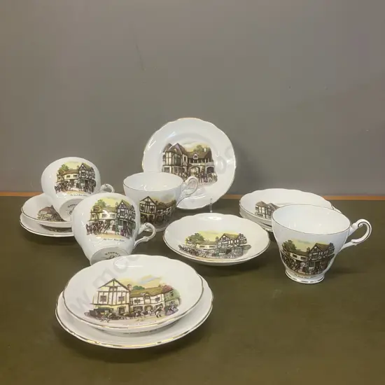 Assorted Regency Bone China English Old Coach Houses Cups, Saucers & Plates