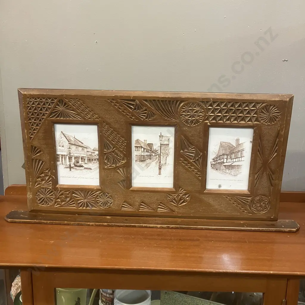 Triptych Architectual Studies Lion and Lamb Yard Print In A Carved Vintage Freestanding Wooden Frame. 30 x 67.5cm Image 1++