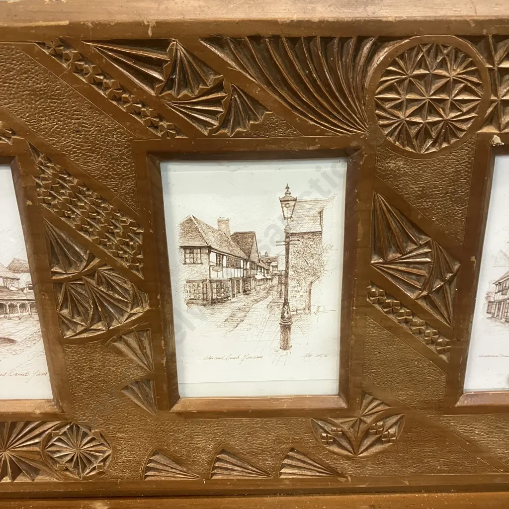 Triptych Architectual Studies Lion and Lamb Yard Print In A Carved Vintage Freestanding Wooden Frame. 30 x 67.5cm Image 1++