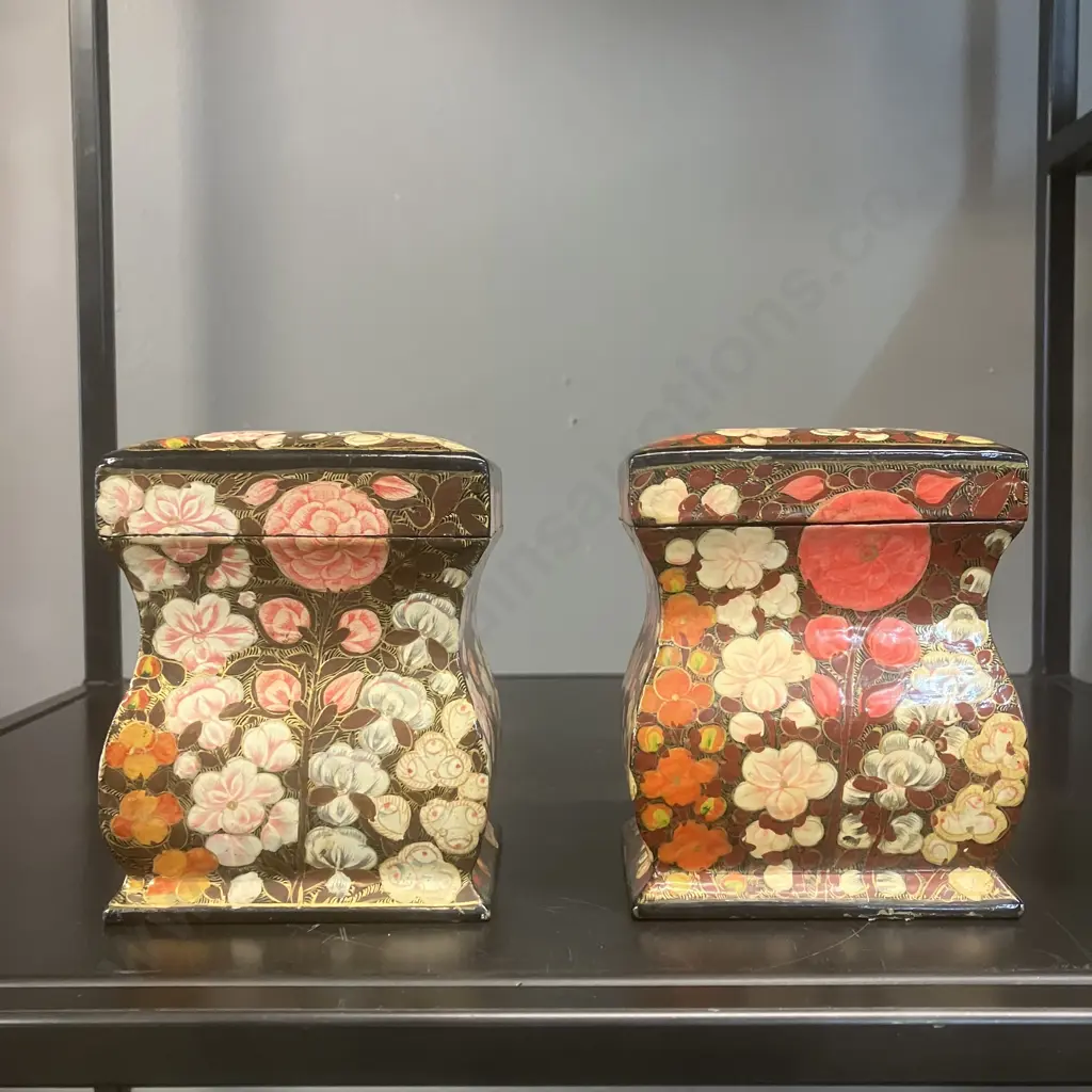 Pair of Vintage Kashmiri Hand Painted Lacquered Wood Lidded Boxes. H11 W9 D7cm Image 1++