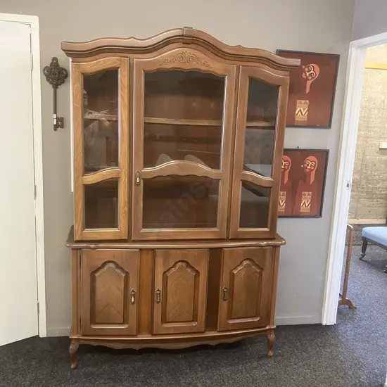 Wall Unit, Carved Detail, Wooden Shelves With Glass Inserts. H198 W132 D38cm - 2 Piece