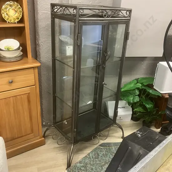 Glass 2 Door Display Cabinet With Wrought Frame & Ornate Base, Glass Shelves & Key. H149 W64 D40cm (Base 87 x 57cm)