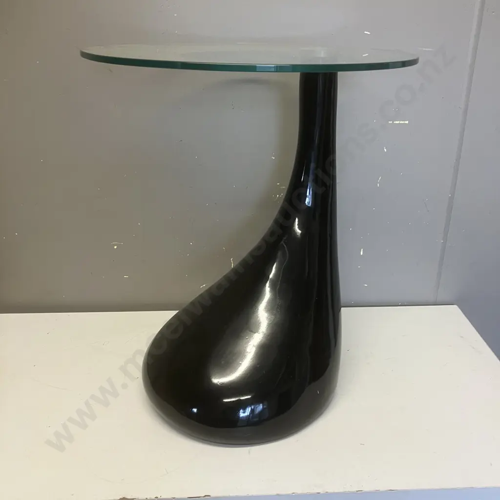 Black Teardrop Side Table With Round Glass Top. 54 x 44.5cm Image 1++