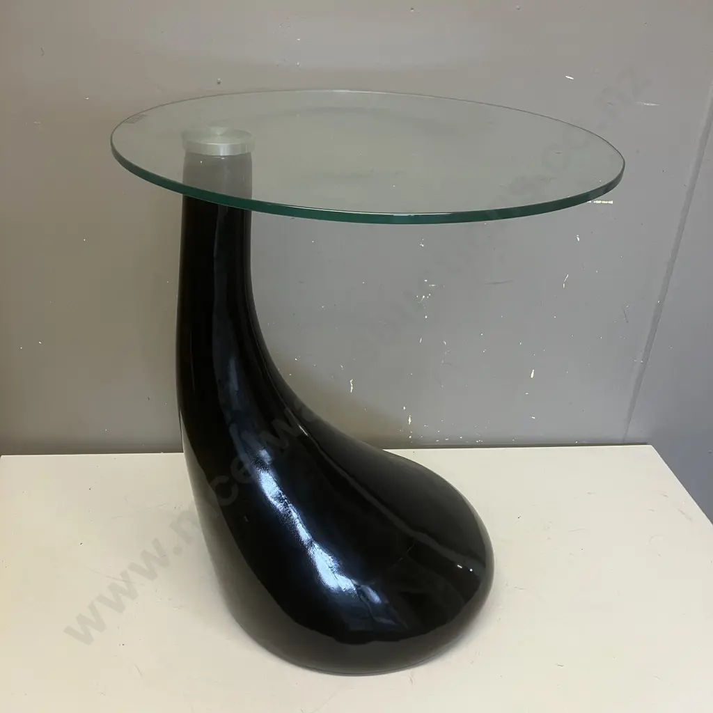 Black Teardrop Side Table With Round Glass Top. 54 x 44.5cm Image 1++
