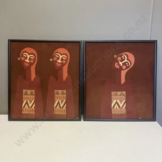 Pair of Vintage Paintings on Fabric c1970s, Signed. 49 x 44cm