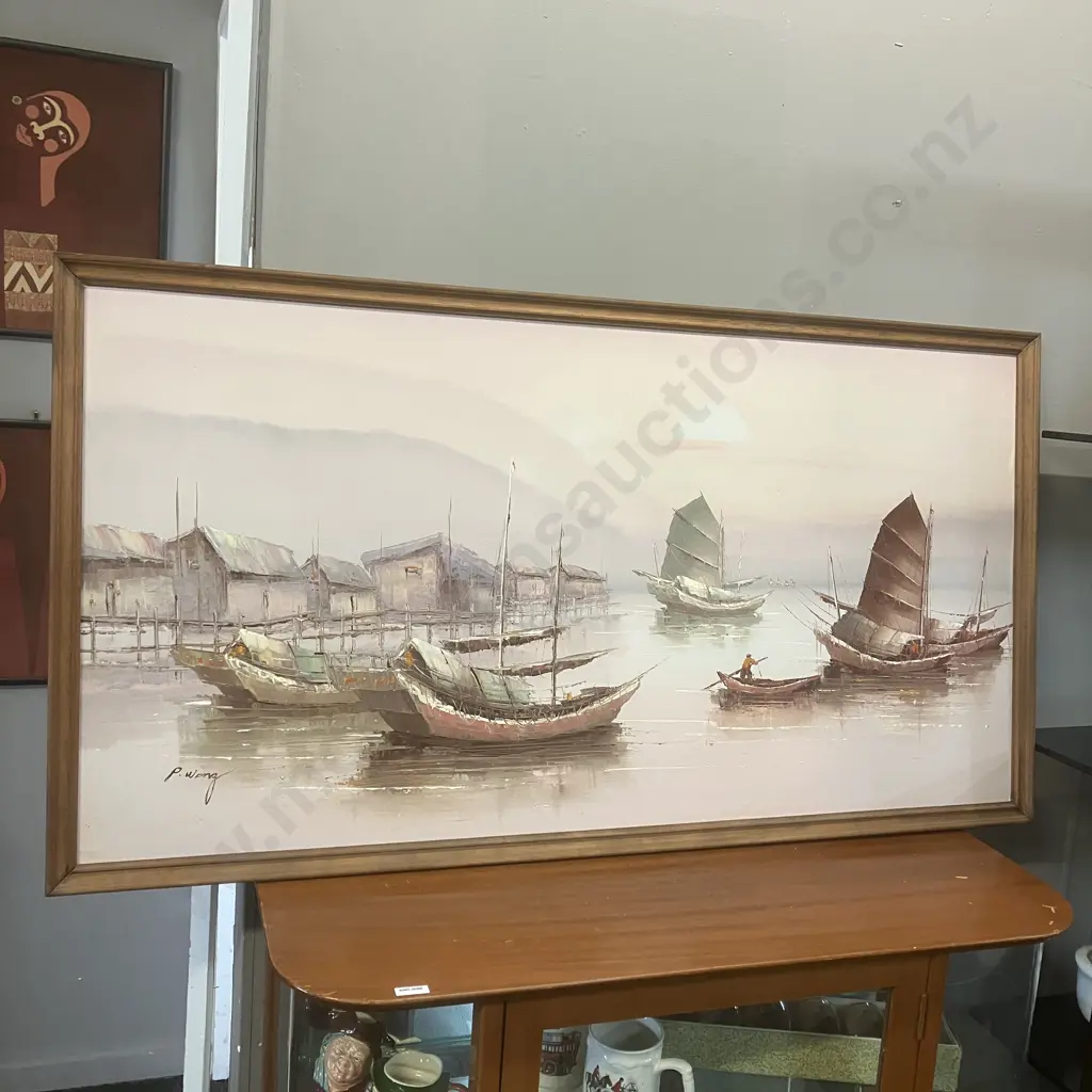 Vintage Chinese Junks Painting. 65.5 x 122cm Image 1++