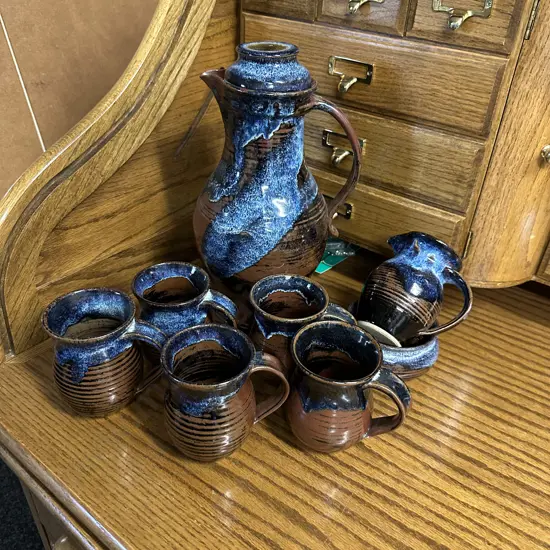 Vintage Pottery Coffee Pot, Mugs, Creamer & Jug