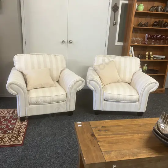 Pair of White / Cream Linen Fabric Rolled Arm Lounge Chairs
