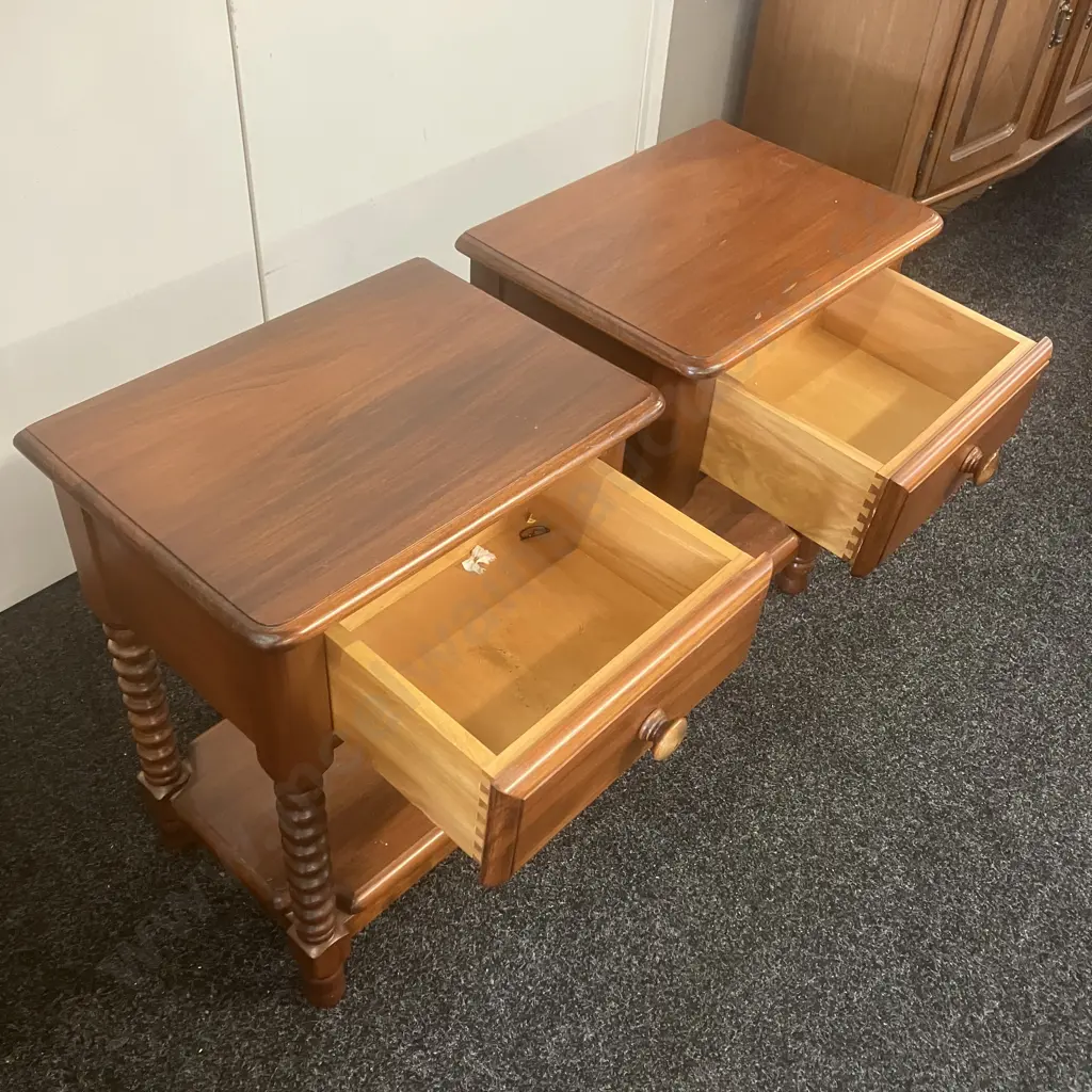 Pair of Kauri Single Drawer Bedsides, 4 Turned Supports & Bottom Shelf. H59 W45 D33cm Image 1++