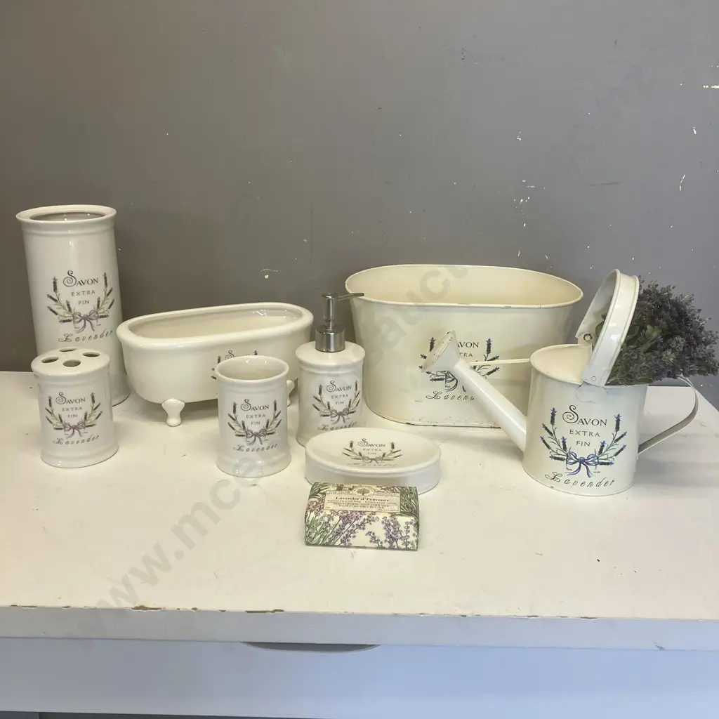 Savon Extra Fin French Style Ceramic Bathroom Set, Lavender Soap, Tin Watering Can, Faux Flowers & Waste Paper Basket Image 1++
