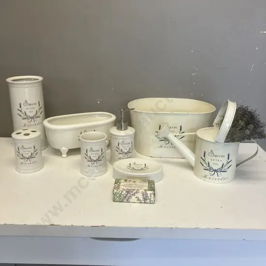 Savon Extra Fin French Style Ceramic Bathroom Set, Lavender Soap, Tin Watering Can, Faux Flowers & Waste Paper Basket