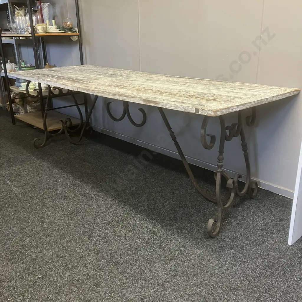 Large French Wrought Iron Table With a White Washed Wooden Top. H77 W240 D90cm Image 1++