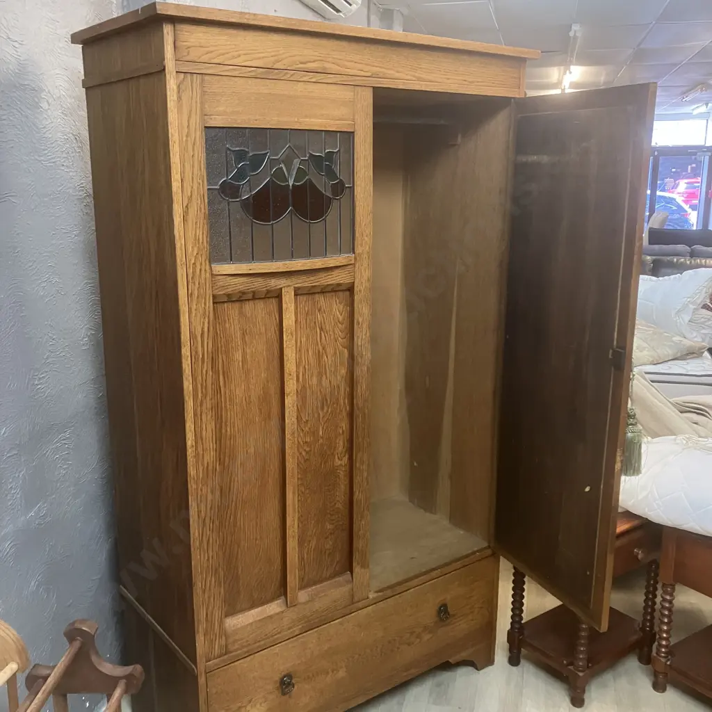 Vintage Oak Freestanding Wardrobe, Oval Inset Bevelled Mirror And Curved Leadlight, With Key. H193 W112 D52cm Image 1++
