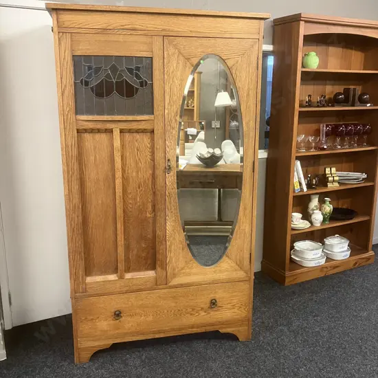 Vintage Oak Freestanding Wardrobe, Oval Inset Bevelled Mirror And Curved Leadlight, With Key. H193 W112 D52cm