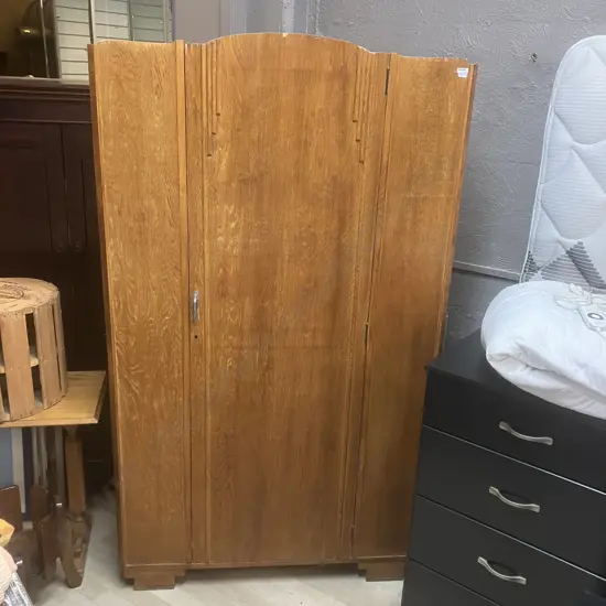 Art Deco Oak Single Door Wardrobe With Key. H181.5 W106 D52.6cm