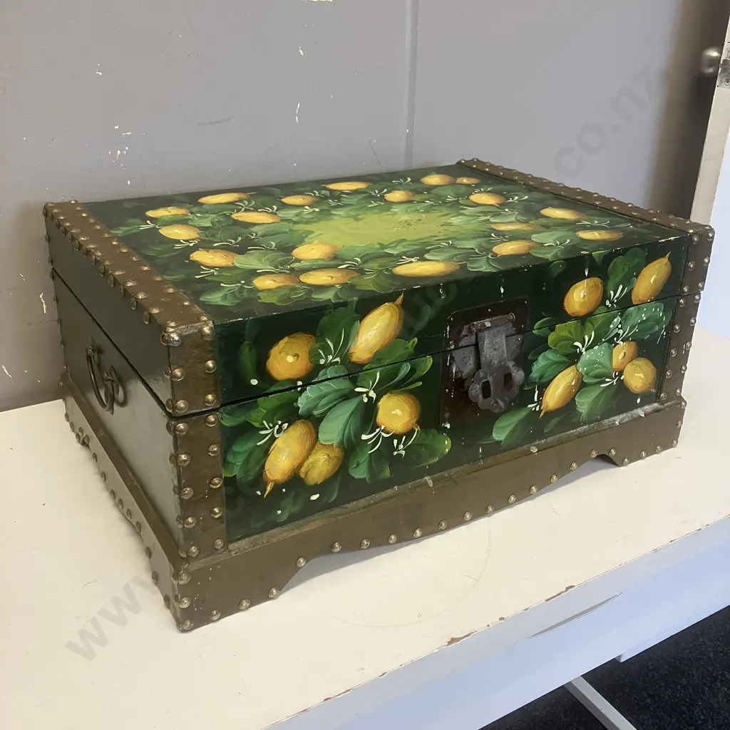 Vintage Fruit Themed Hand Painted Latched Chest With Handles. H22.5 W52 D34cm Image 1++