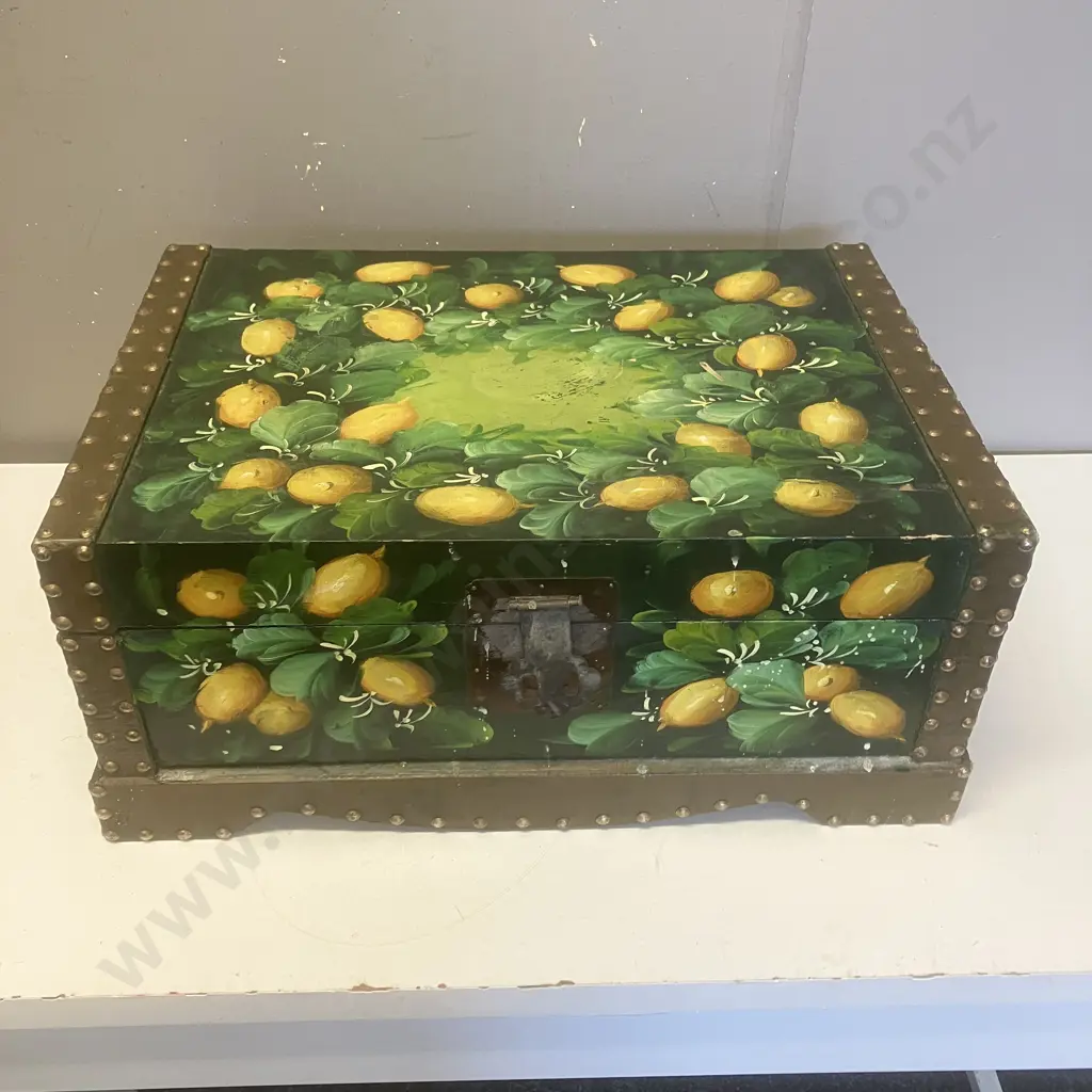 Vintage Fruit Themed Hand Painted Latched Chest With Handles. H22.5 W52 D34cm Image 1++