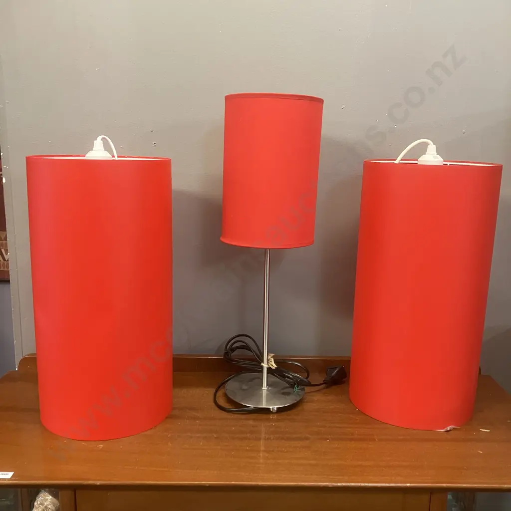 Table Lamp 49cm With Red Shade & Pair of Light Fittings With 40cm Cylindrical Red Shades Image 1++