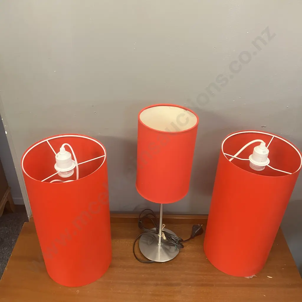 Table Lamp 49cm With Red Shade & Pair of Light Fittings With 40cm Cylindrical Red Shades Image 1++