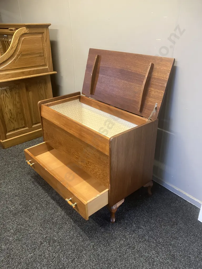 Art Deco Oak Blanket Chest With Storage Drawer, Original Handles, Hinged Lid. H67 W92.5 D44cm Image 1++