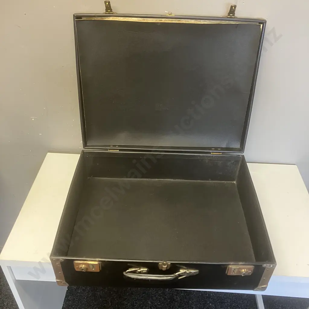 Vintage Black Vinyl Suitcase Riveted & Metal Corner Supports. H17 W57 D44cm Image 1++