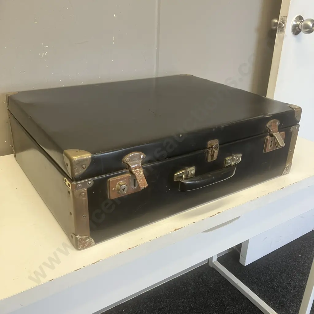 Vintage Black Vinyl Suitcase Riveted & Metal Corner Supports. H17 W57 D44cm Image 1++