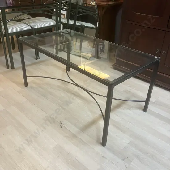 Glass Topped Rectangular Coffee Table With Black Steel Frame. H51 W110 D60cm
