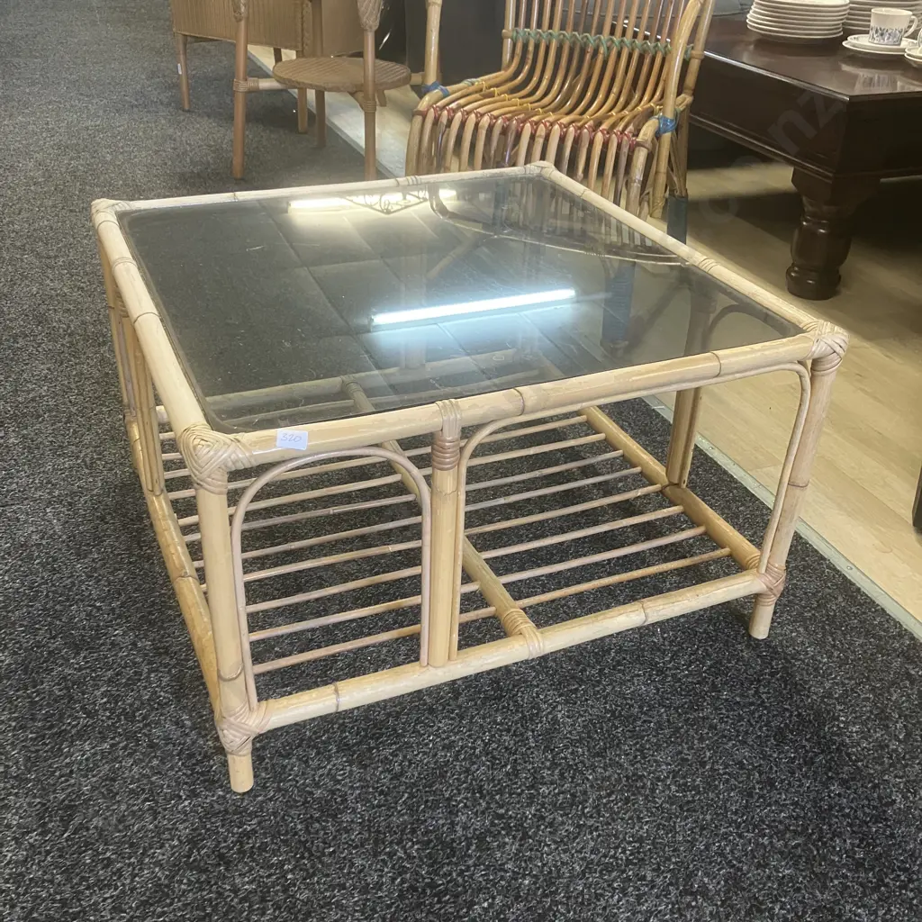 Garry Masters Cane Occasional Table With Glass Top & Under Shelf. H39 W65 D65cm Image 1++