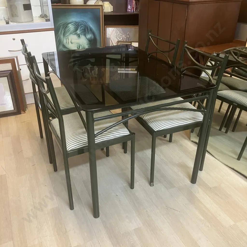 Vintage Chester & Barclay Smoked Glass Top Table With 4 Upholstered Chairs. Dark Green Steel Frames. H72 W120 D80cm Image 1++