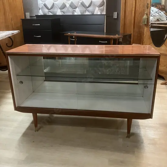 Retro Wood Effect Double Glass Sliding Door China Cabinet, Glass Shelf, Mirror Backed. H75 W119 D40cm