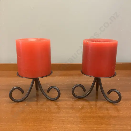 Pair of Red Candles On Black Steel Candle Holders. H14cm