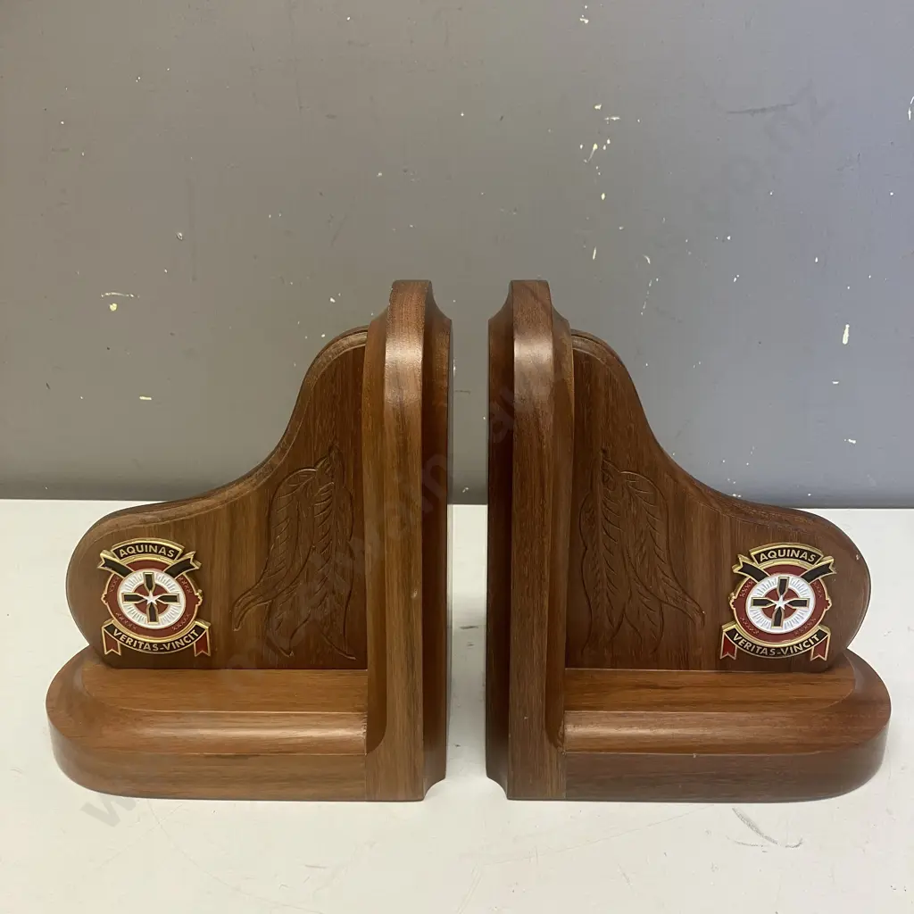 Aquinas College Crest With Motto Wooden Bookends. 22 x 38cm Image 1++
