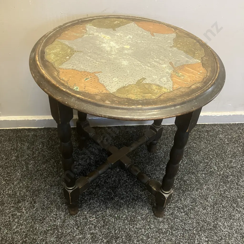 Antique Wooden Round Topped Side Table With Brass & Copper Leaf Patterned Top. 49 x 44.5cm Image 1++