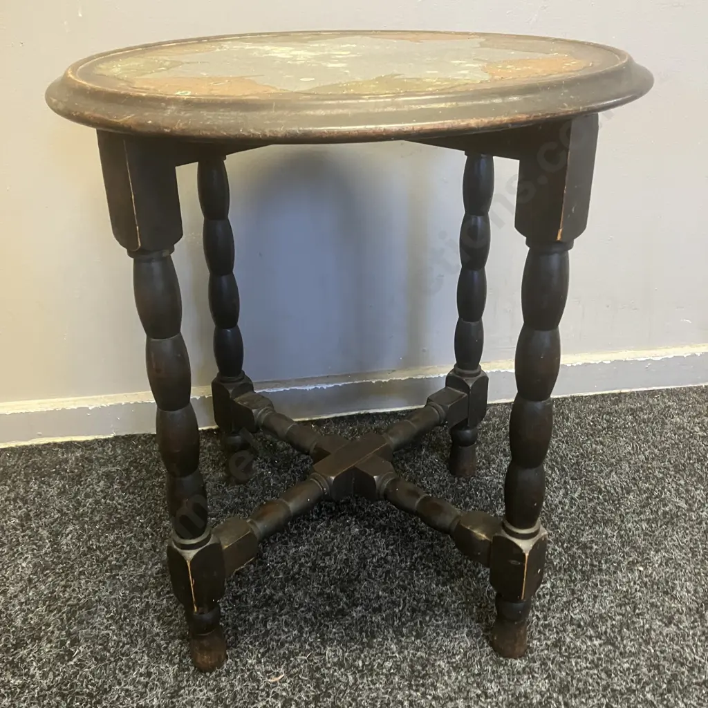 Antique Wooden Round Topped Side Table With Brass & Copper Leaf Patterned Top. 49 x 44.5cm Image 1++