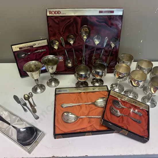 Selection Of Silverware Items Including Goblets, Spoons Etc