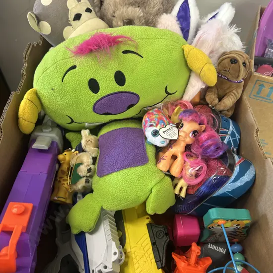 Box Lot Of Assorted Soft Toys, Nerf Guns Etc