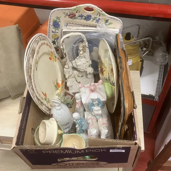 Box Lot Assorted Ornaments, China Items Etc