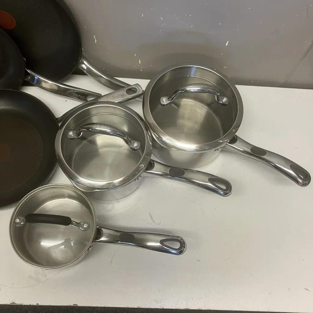 Three RACO Pots With Lids & Three TEFAL Hard Anodised Frying pans Image 1++