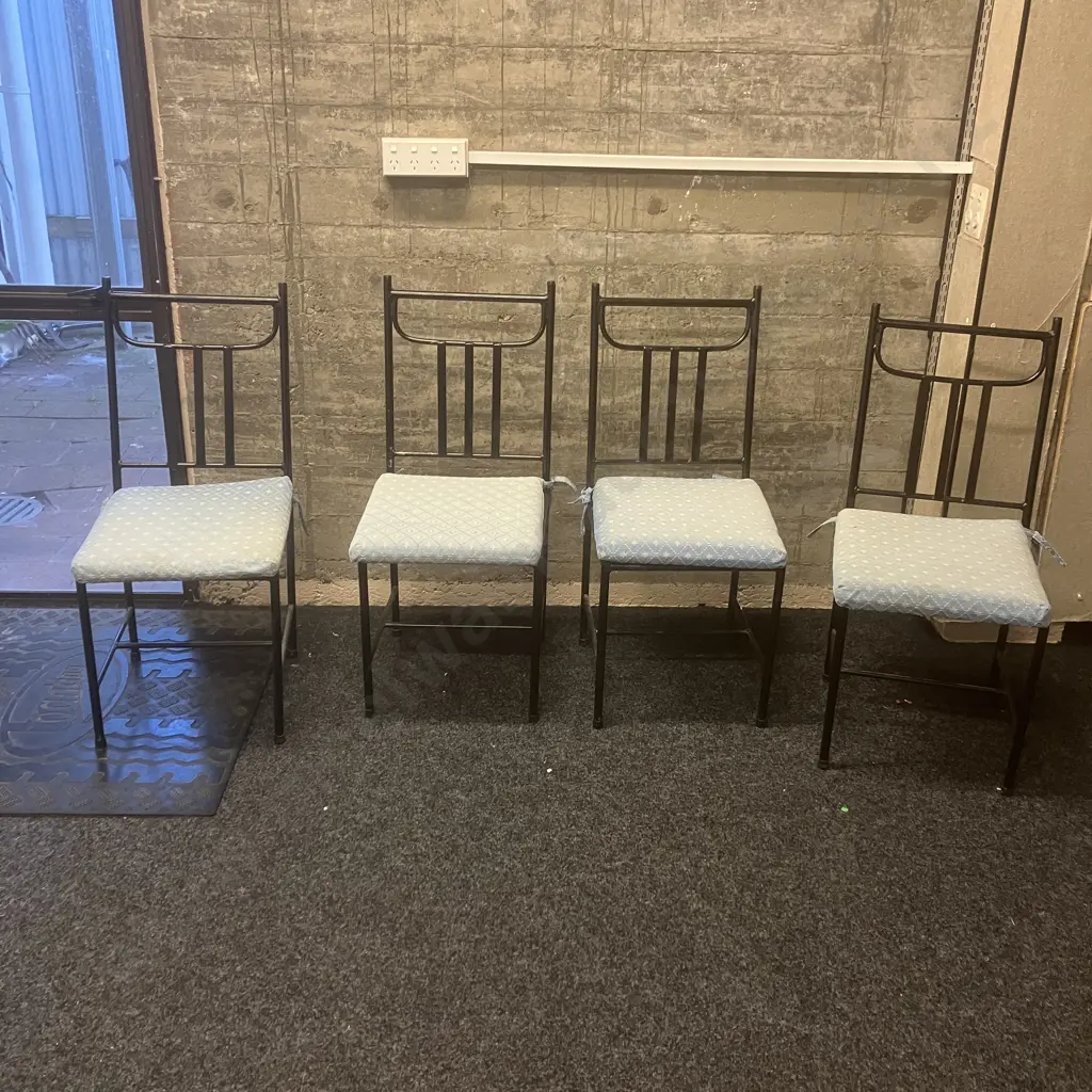 Set of 4 Black Steel Chairs With Tie-On Seat Cushions Image 1++