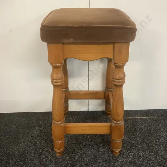 Pine Colonial Barstool With Brown Upholstered Seat. 70 x 35cm