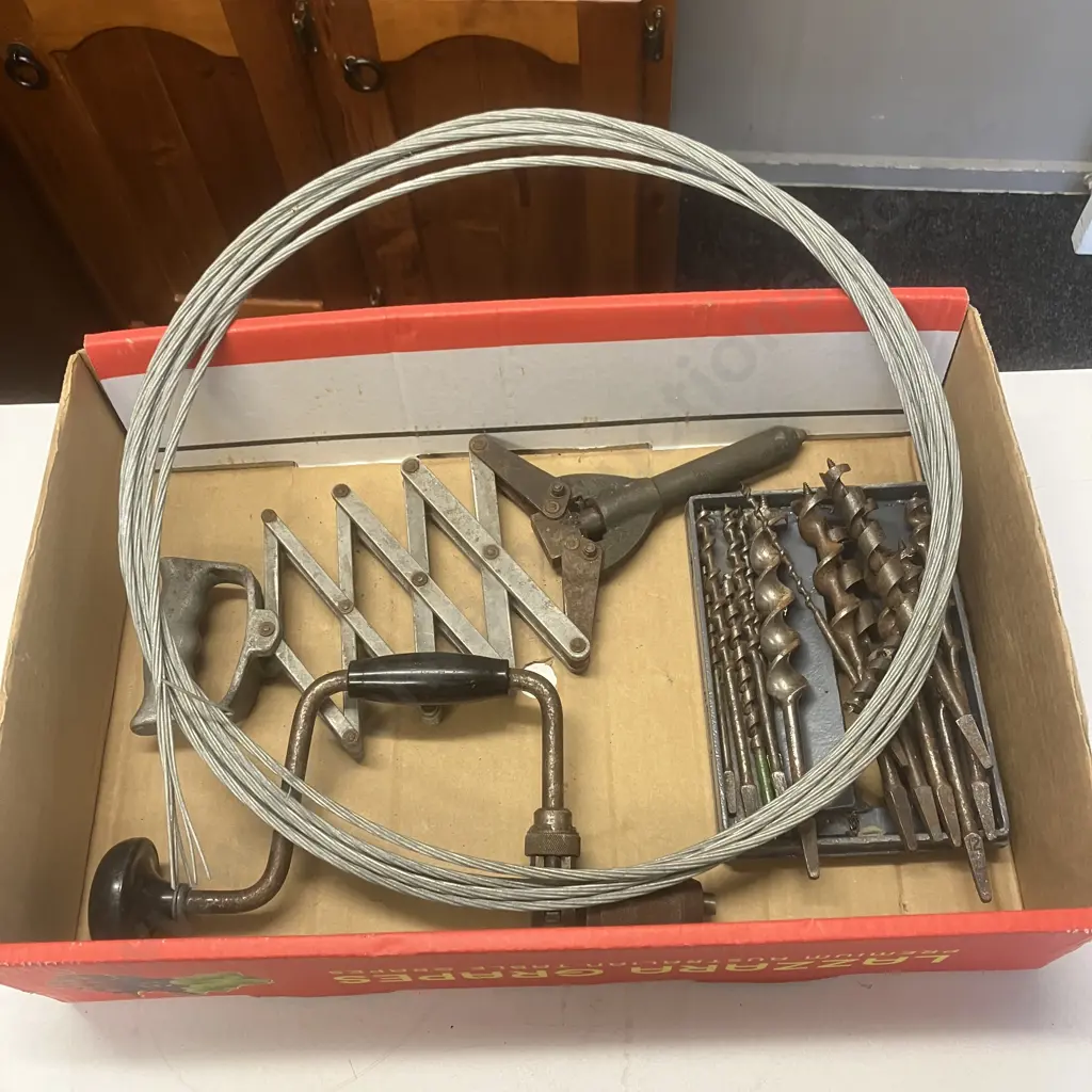Brace & Bit, Assorted Augers, Lazy Tong Riveter, Wire Rope Image 1++