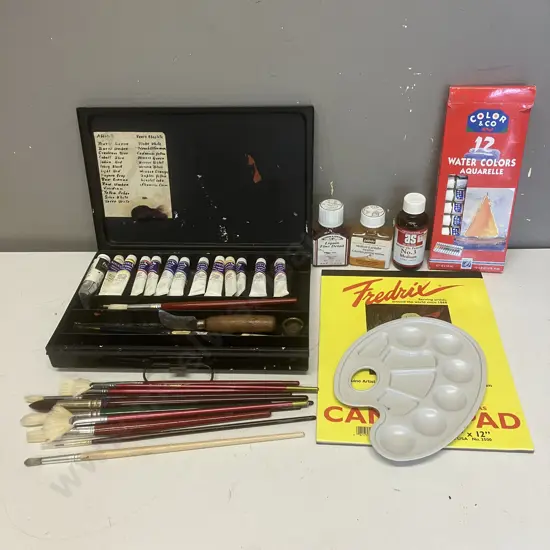 Assorted Art Supplies - Oils Includes Vintage Metal Artists Tin, & Watercolour Paints In Box