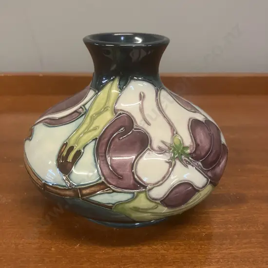 Moorcroft Pottery Wine Magnolia Pattern Squat Vase. 10.5cm